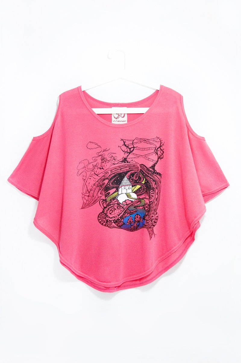 手感自然垂坠两穿露肩女装 - 奔走在尼泊尔雪山 ( 玫红 ) - 女装上衣 - 棉．麻 粉红色