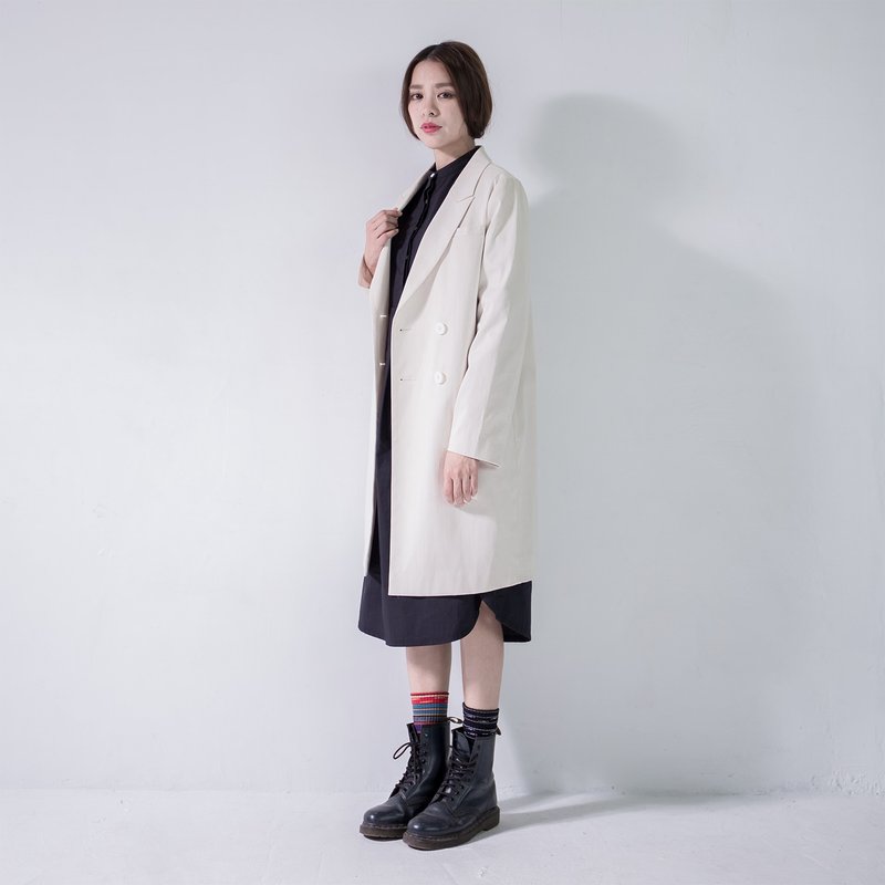 Suit 双排扣长版西装外套 _5AF202_杏色直纹 - 女装西装外套/风衣 - 棉．麻 粉红色