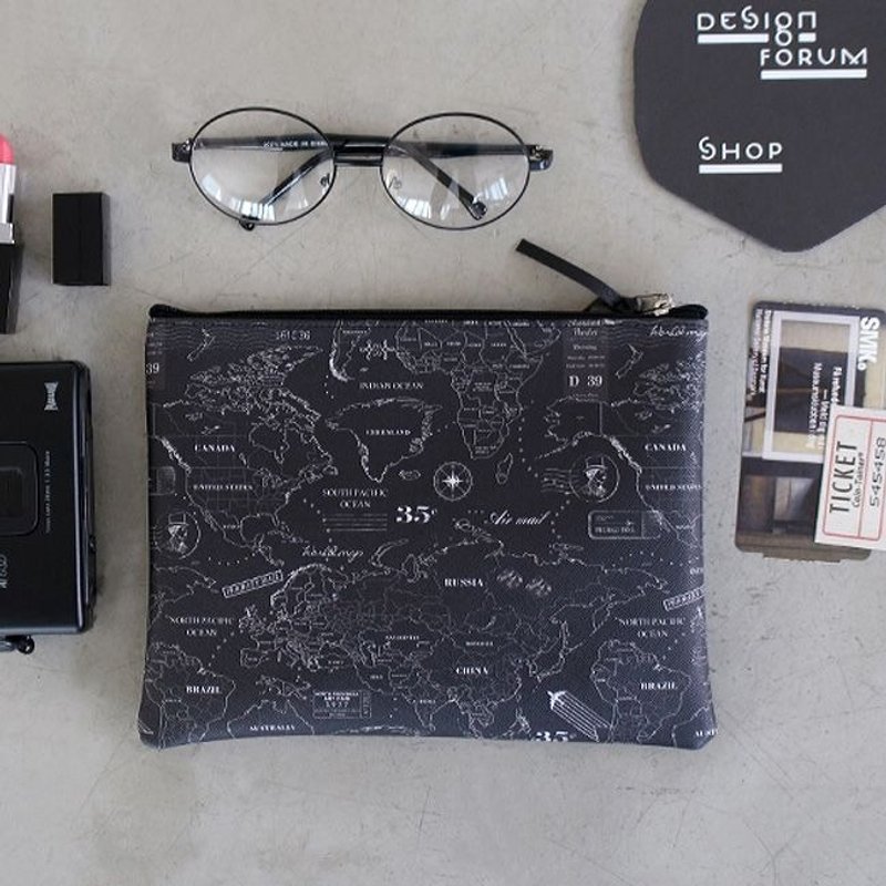 Dessin x Indigo-indimap 世界地图万用包(B)-科幻黑,IDG06228 - 化妆包/杂物包 - 真皮 黑色