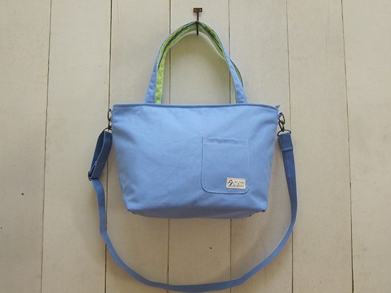 腊肠狗拉链开口帆布托特包-中号(浅蓝+果绿)+可拆可调背带+外小口袋 - 侧背包/斜挎包 - 其他材质 多色