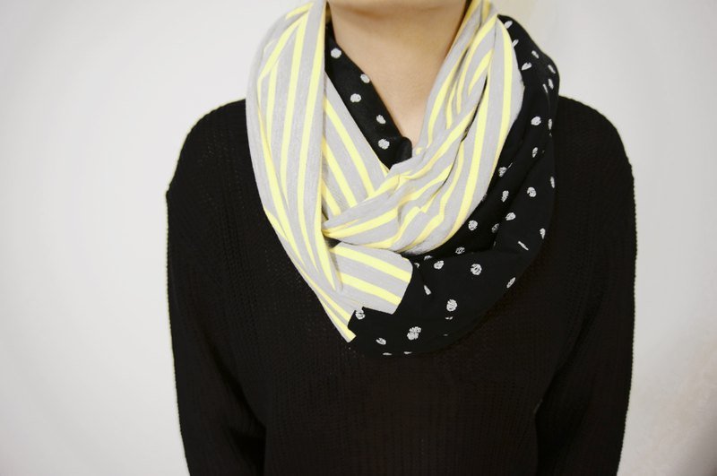 双色点点灰条纹拼接圈圈围巾 - 丝巾 - 棉．麻 黄色