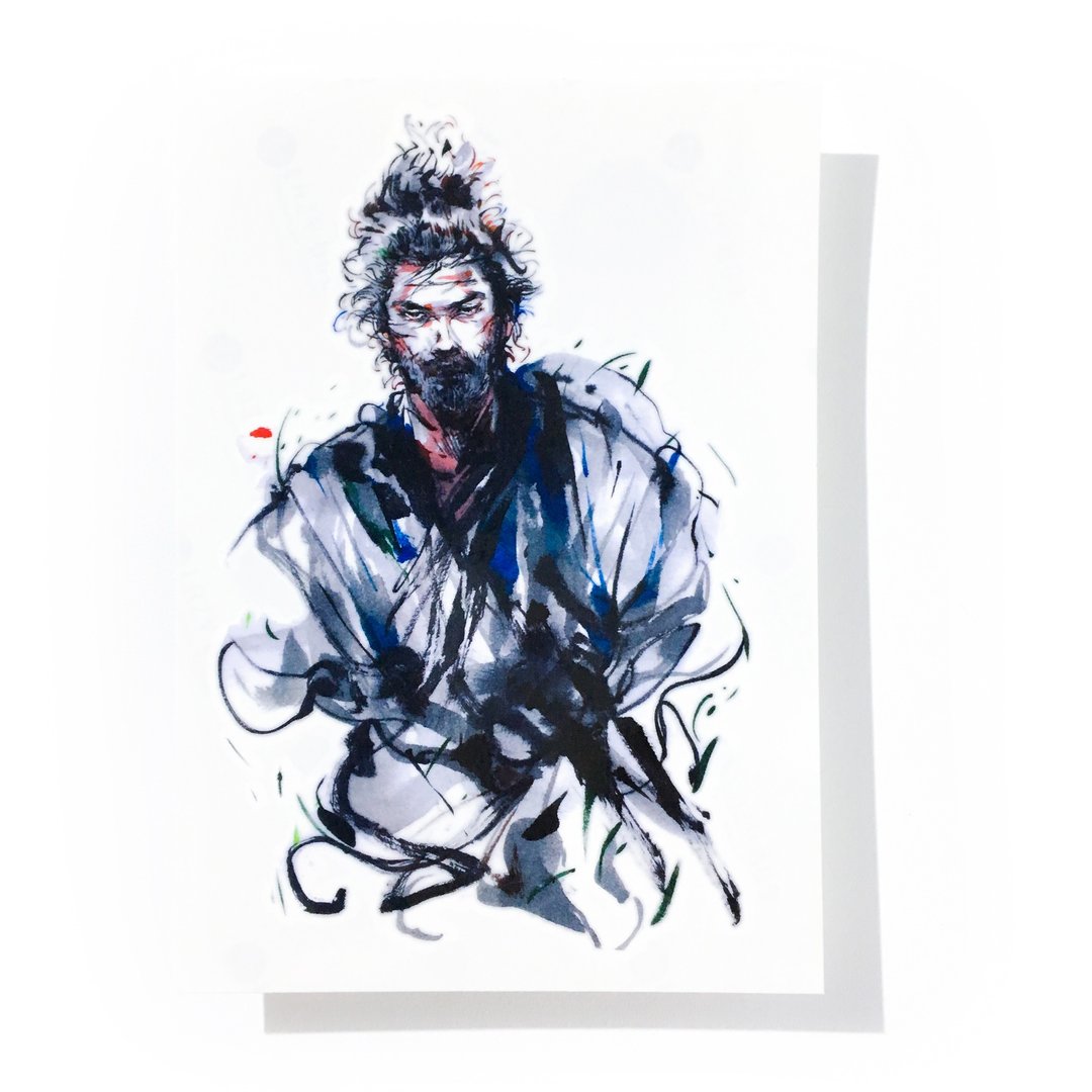 手绘日本武士道刺青水彩水墨人像插画纹身贴纸夏天男士日系装饰物 - 纹身贴 - 纸 多色