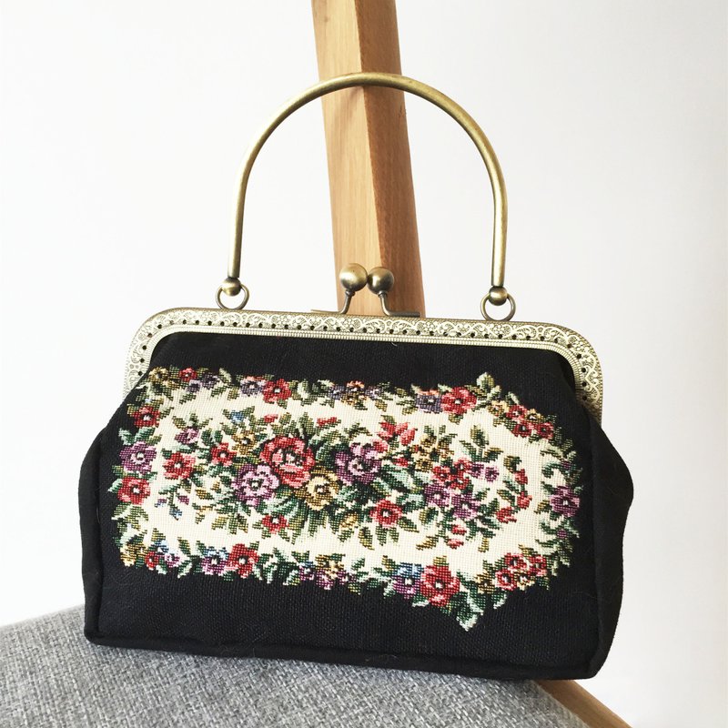 手工刺绣古董布复古vintage口金手提包 放学后手作坊 - 手提包/手提袋 - 其他材质 黑色