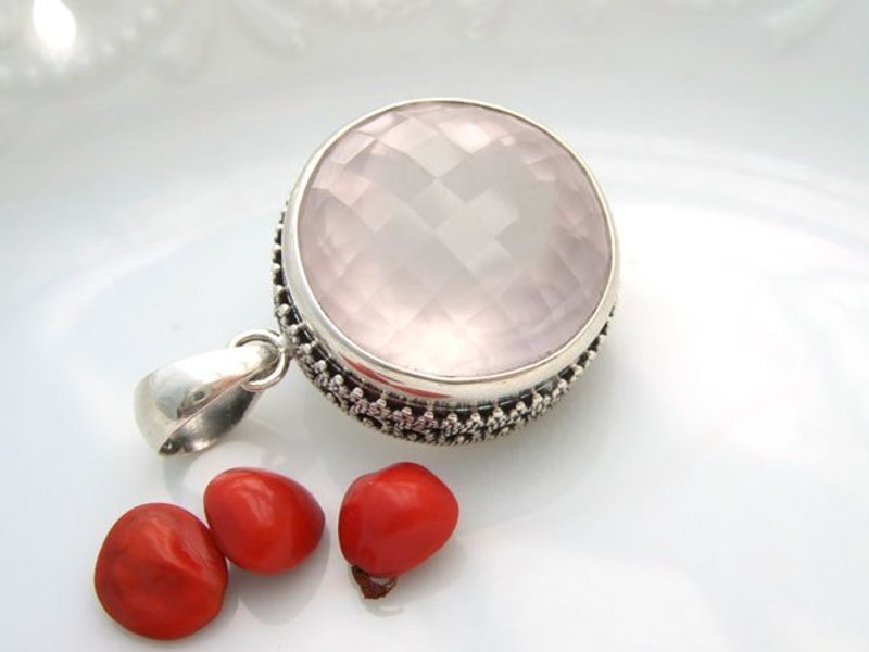 无染色天然星光粉晶坠子·精致手工银台 - 项链 - 宝石 粉红色