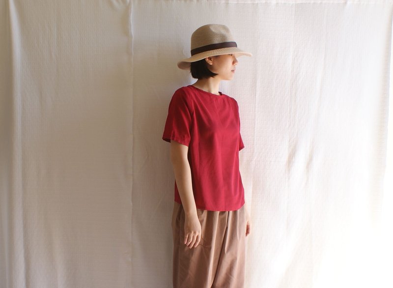 上选棉麻纱亮酒红短袖上衣 - 女装上衣 - 其他材质 红色