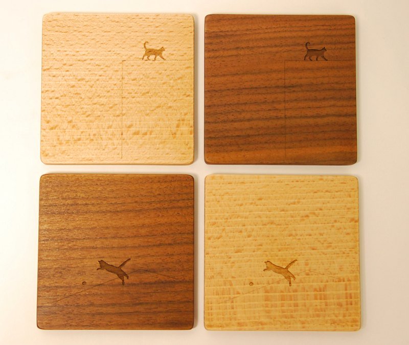 Yoho cat Wooden coasters 悠活猫实木杯垫 - 杯垫 - 木头 卡其色