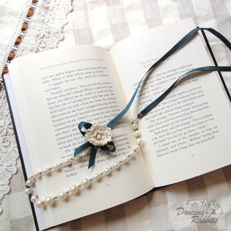 【KNL0047】※兔子跳舞※古典蕾丝花缎带珍珠长项炼 - 项链 - 宝石 白色