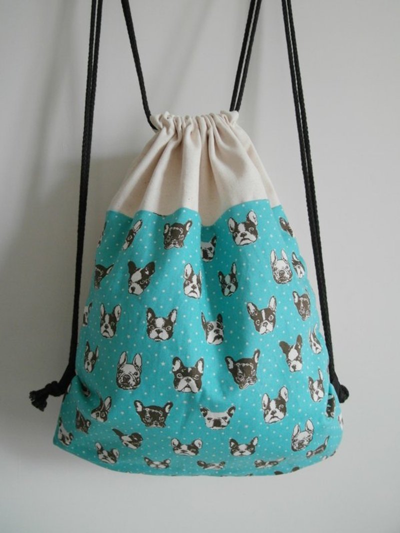 ~米+熊~ 复古 束口袋背包 (简单  斗牛犬 法斗  蓝绿色款 双面喔    ) - 侧背包/斜挎包 - 其他材质 绿色