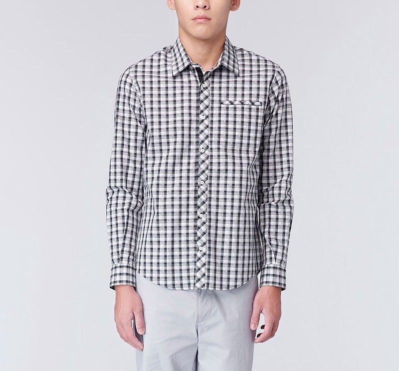 【出清】上班必备 渐层格长袖衬衫(灰黑) - 男装衬衫 - 棉．麻 黑色