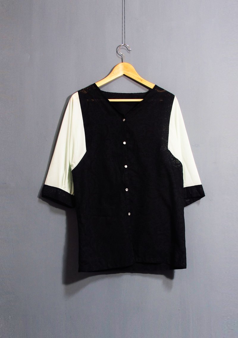 Wahr_雪绿黑纺衬衫罩衫 - 女装衬衫 - 其他材质 