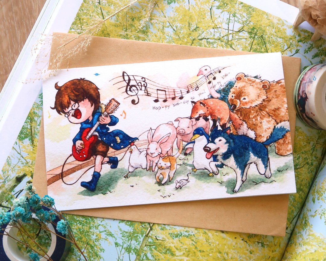 【Pin】请你跟我一起唱 - 水彩插画生日卡 - 卡片/明信片 - 纸 多色