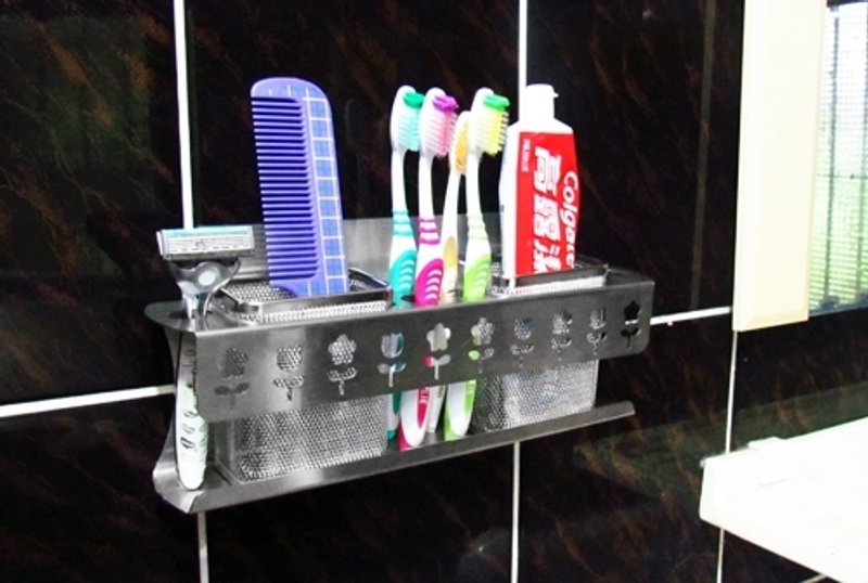 “免钻孔”不锈钢双篮大牙刷架，设计师造型，置物架、收纳架、牙刷篮 - 其他家具 - 其他金属 灰色