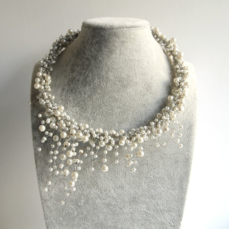 铜线金属线手勾人造珍珠散落渐变颈环项圈 - 项链 - 其他材质 白色