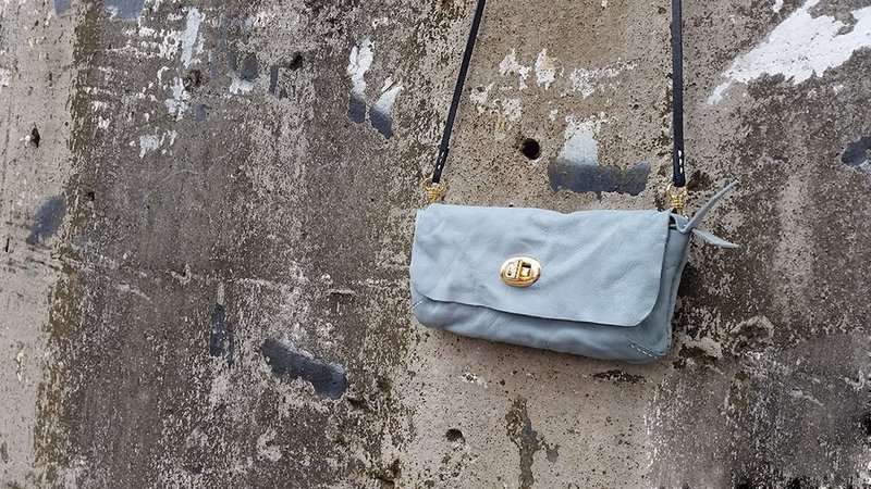 手缝复古真皮牛皮鲨鱼蓝长型单宁钱包-可免费制作专属名牌 - 侧背包/斜挎包 - 真皮 蓝色