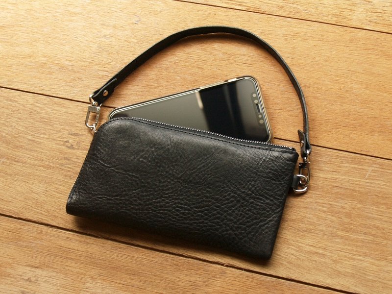 Harley Black手工真皮手拿包/钱包/午餐包/手机套-免费刻印英文名 - 手机壳/手机套 - 真皮 黑色