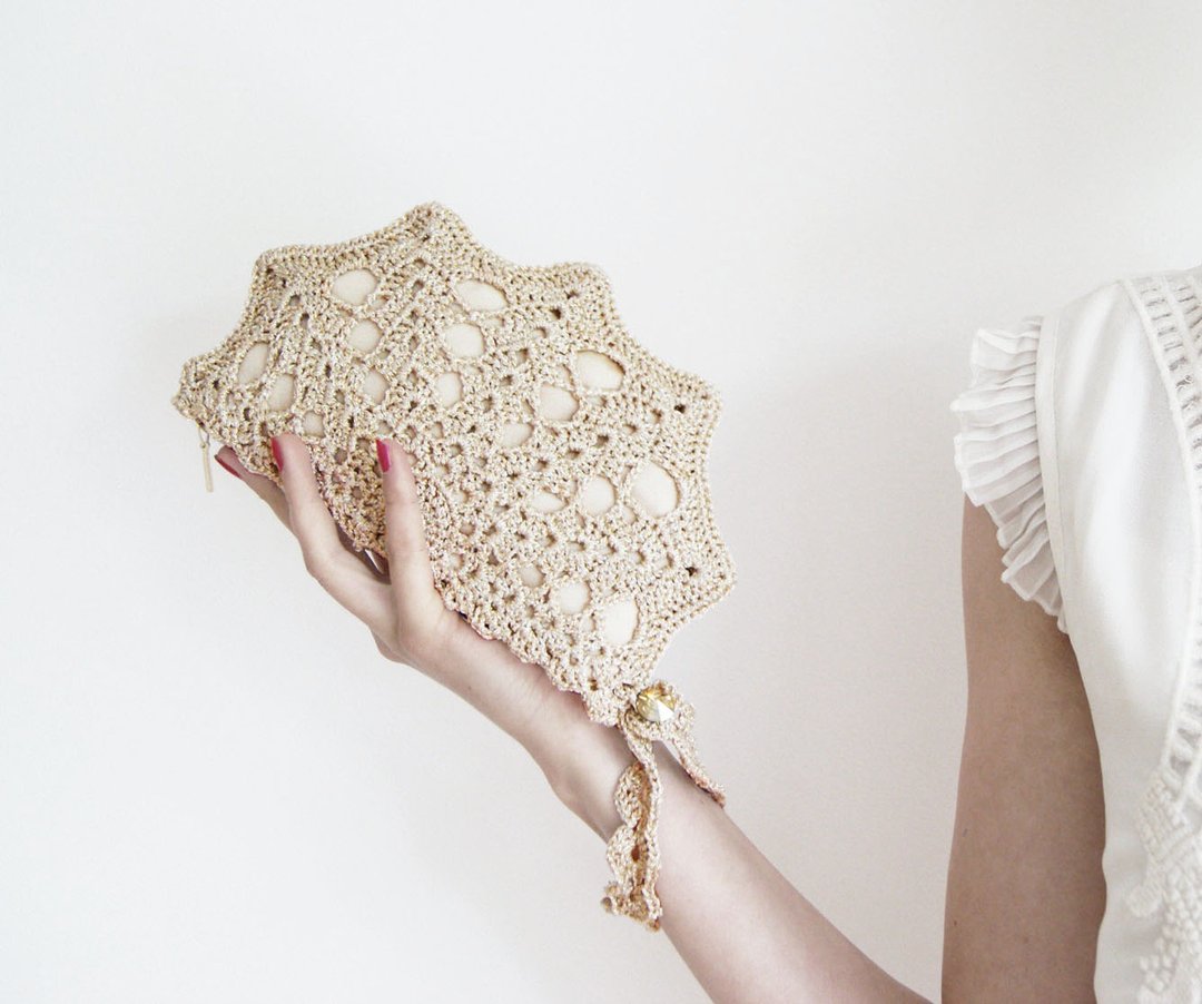 Champagne Clutch Bag - Pale Golden Clutch Purse- Golden Crochet Purse - Bridal Lace Clutch - Golden Metallic Handbag - Bridesmaid Clutch - 手拿包 - 其他材质 金色