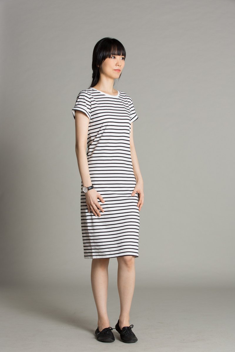 盛夏初秋有机棉洋装｜巴黎时光黑白条纹 - 洋装/连衣裙 - 棉．麻 白色