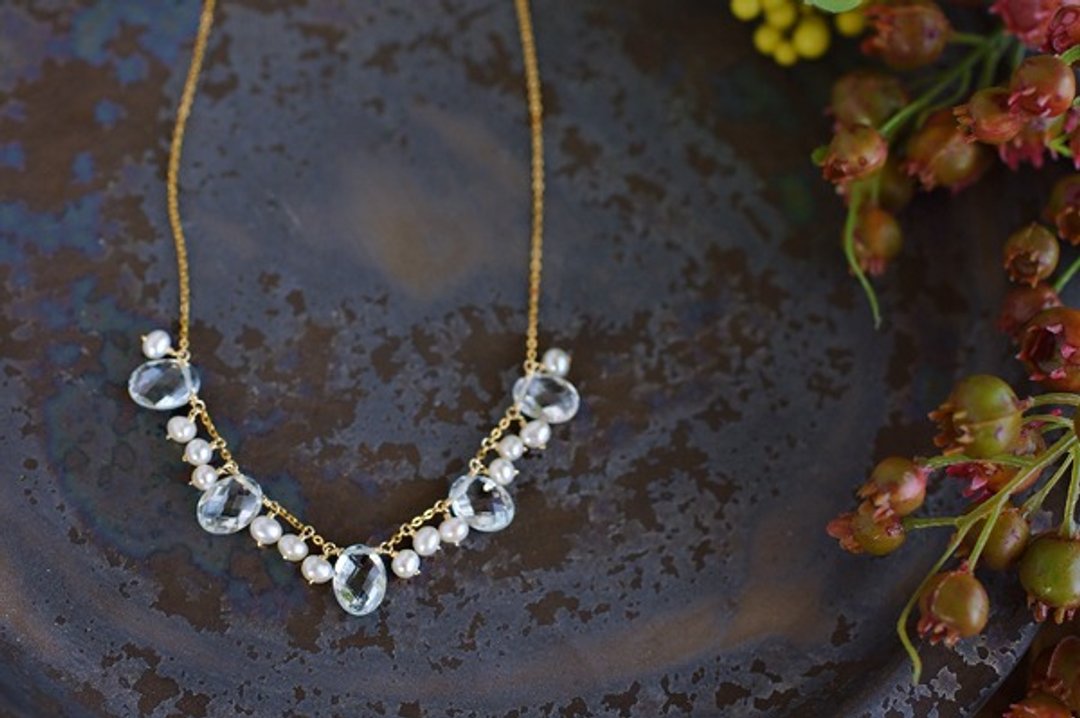 14kgf white topaz and pearl lace necklace - 项链 - 宝石 白色