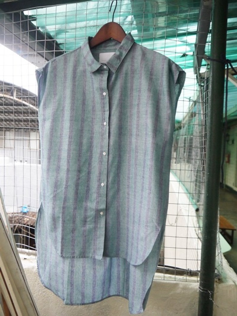 棉嫘萦 绿蓝直条纹无袖衬衫 前短后长 - 女装衬衫 - 棉．麻 