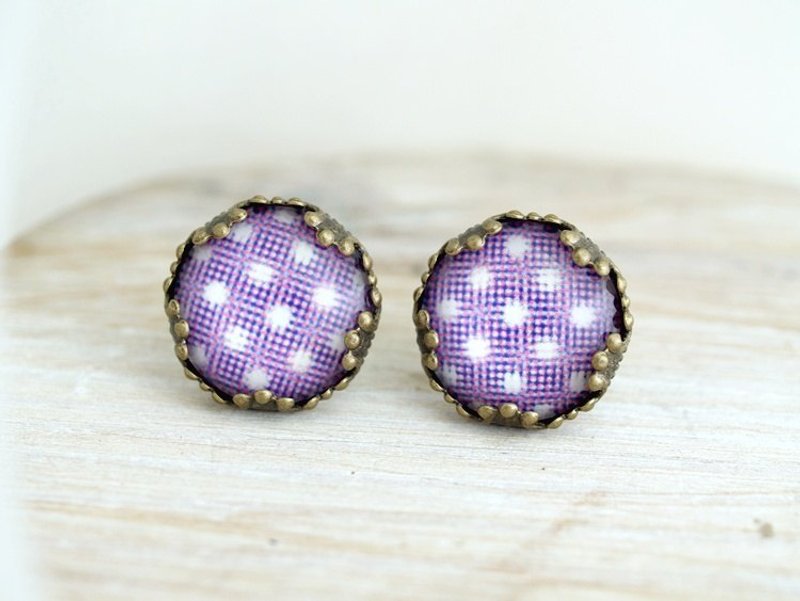 ♥订做小礼物♥ OldNew Lady-古铜色花边耳环-布纹点【灿烂紫】 - 耳环/耳夹 - 玻璃 紫色