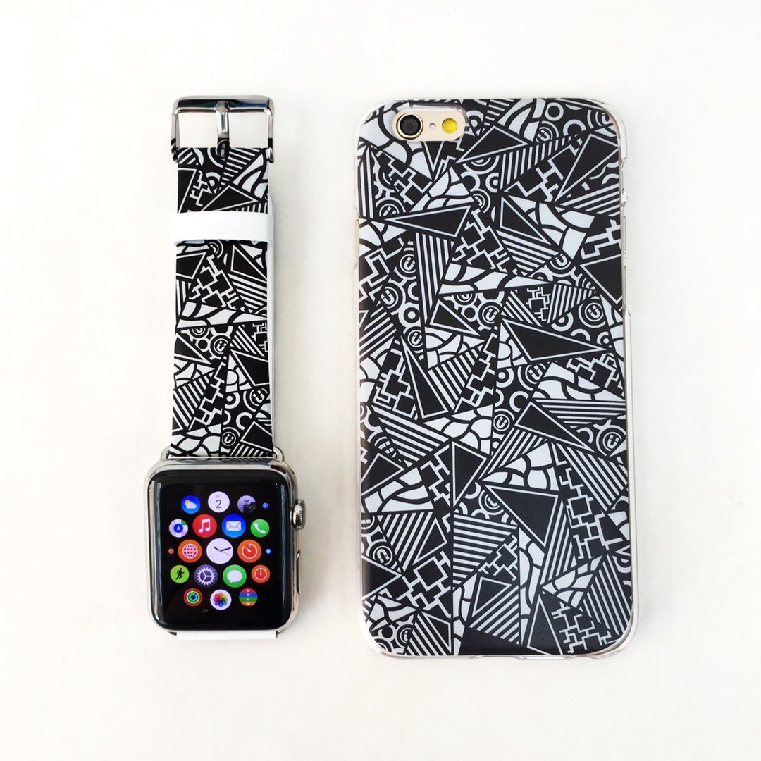 [礼物套装] Apple Watch Series 1 , Series 2 and Series 3 - 黑色几何拼布图案  手机壳 + Apple Watch 真皮手表带 - 其他 - 其他材质 