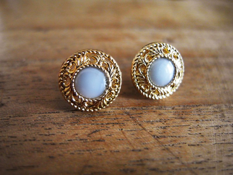 复时品【早期手工针式耳环：水蓝雕花】 - 耳环/耳夹 - 其他材质 蓝色