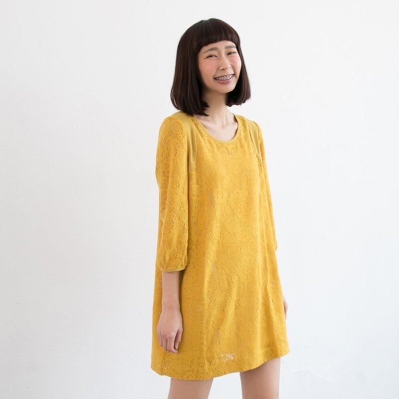 花朵针织七分袖拼接洋装-芥末黄 - 洋装/连衣裙 - 其他材质 黄色