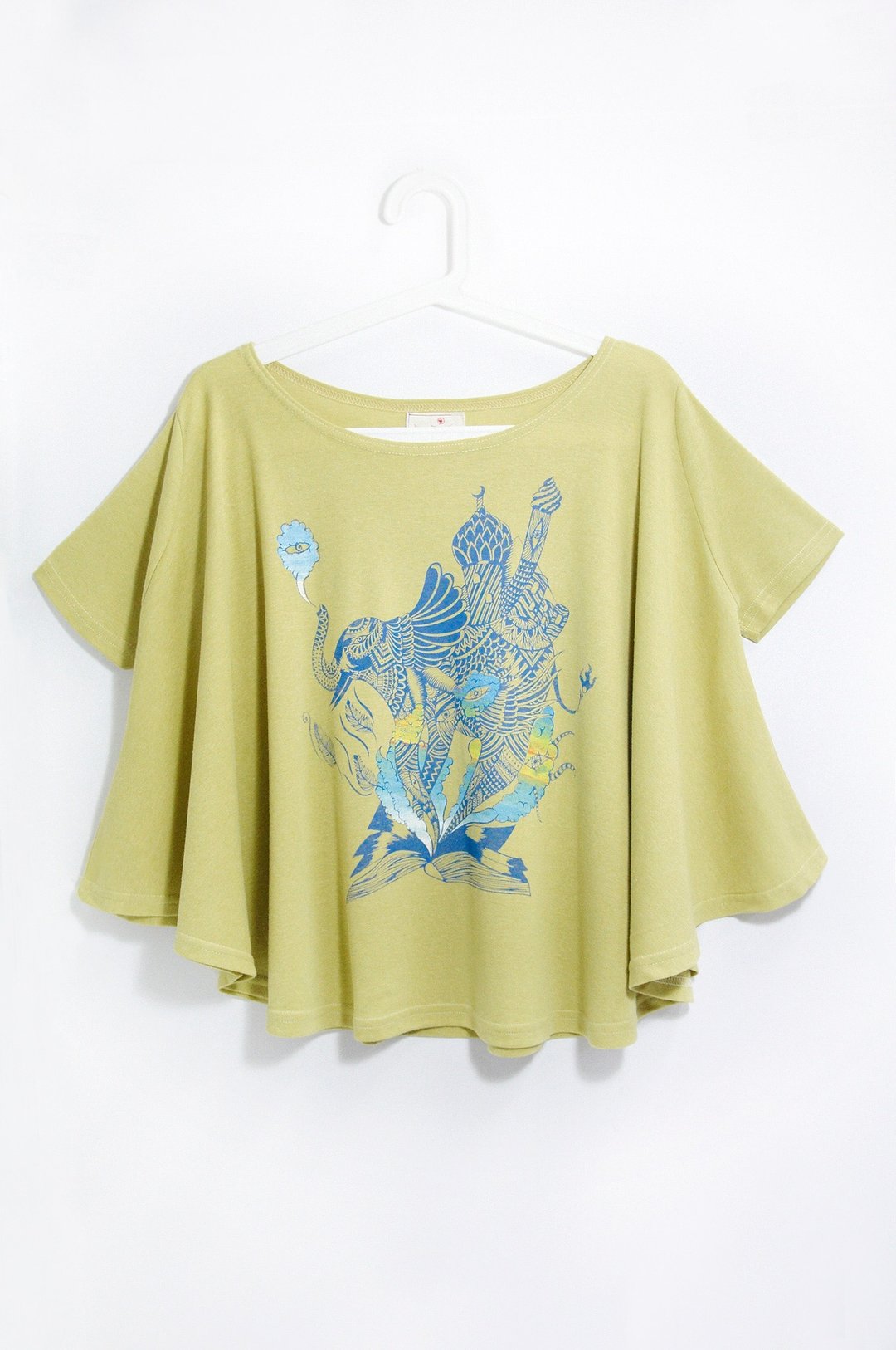 手感垂坠感下摆飘逸圆摆旅行T-shirt - 印度大象 ( 苹果绿 ) - 女装 T 恤 - 棉 绿色