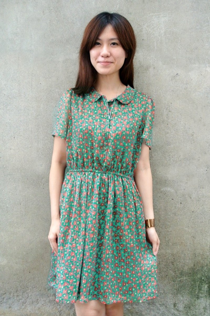 绿底橘花松紧衬衫洋装 - 洋装/连衣裙 - 其他材质 