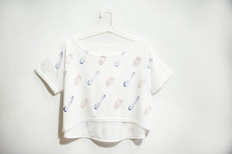 手感印花短版T-旅行之歌 - 女装 T 恤 - 棉．麻 白色