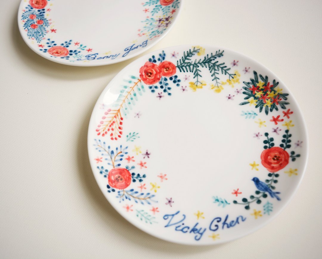 手绘6寸蛋糕盘餐盘-15cm-花园婚礼对盘 纪念日对盘-定制化、姓名 - 浅碟/小碟子 - 瓷 红色