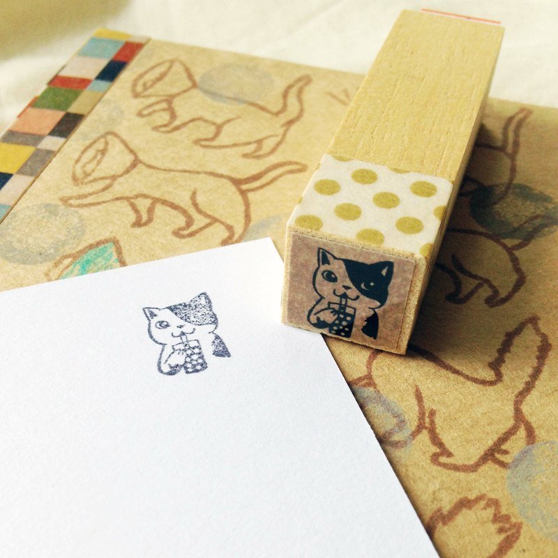 印章-喝珍奶猫手帐章 - 印章/印台 - 木头 卡其色