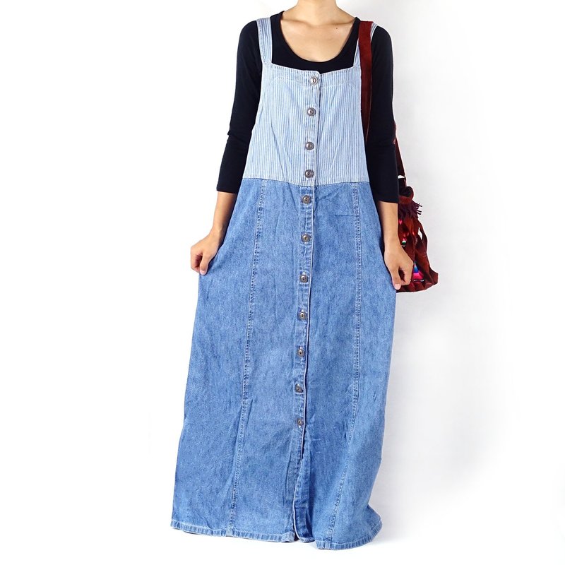 BajuTua/古着/ 浅蓝条纹双色单宁细肩连身裙 - 洋装/连衣裙 - 棉．麻 蓝色