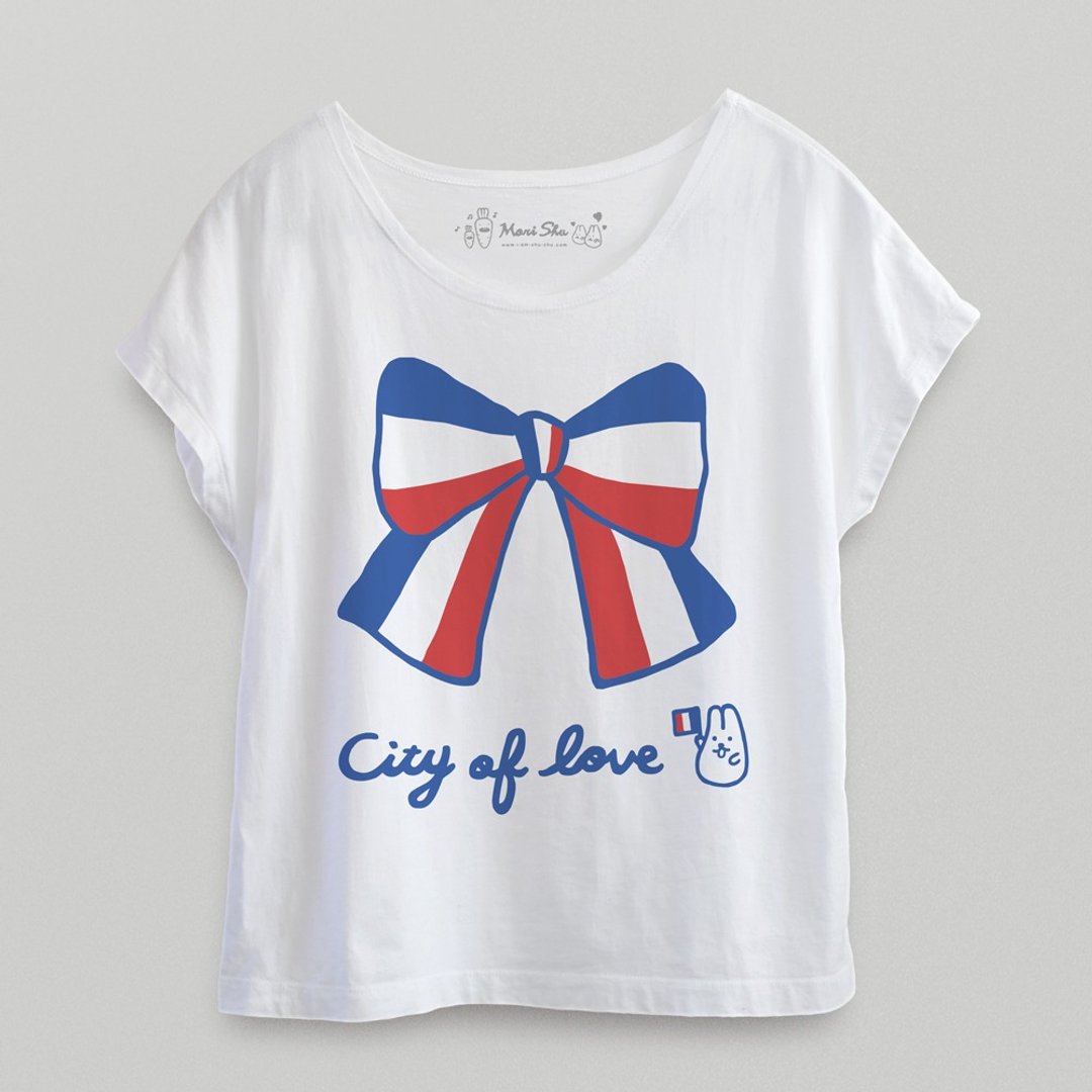 麻糬兔法式胡蝶结T-shirt - 女装短裤 - 棉 白色