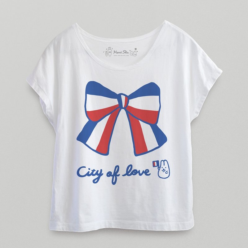 麻糬兔法式胡蝶结T-shirt - 女装短裤 - 棉．麻 白色