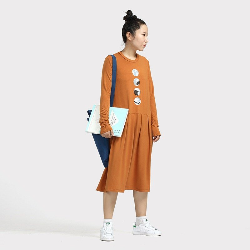 琥珀色莫代尔棉冰裂纹印花中腰长袖连衣裙 - 洋装/连衣裙 - 其他材质 橘色