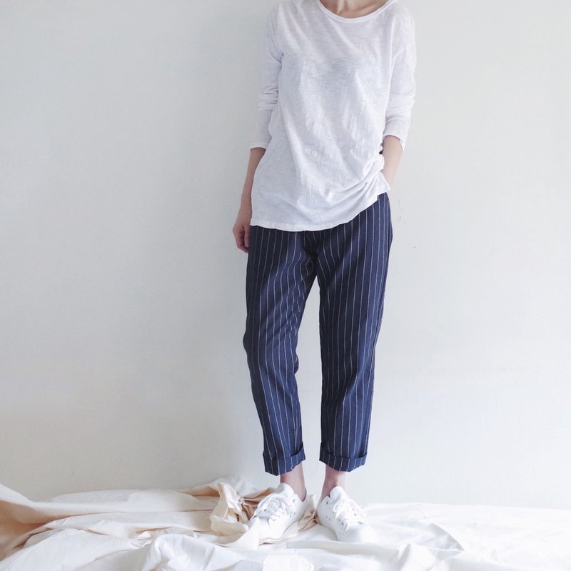 细细的 直纹宽裤 - 女装长裤 - 棉．麻 蓝色