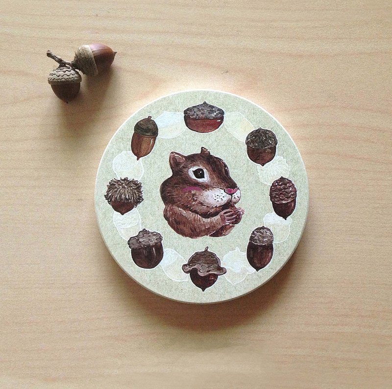 松鼠与橡果陶瓷吸水杯垫 浅绿/浅橘 - 杯垫 - 其他材质 咖啡色