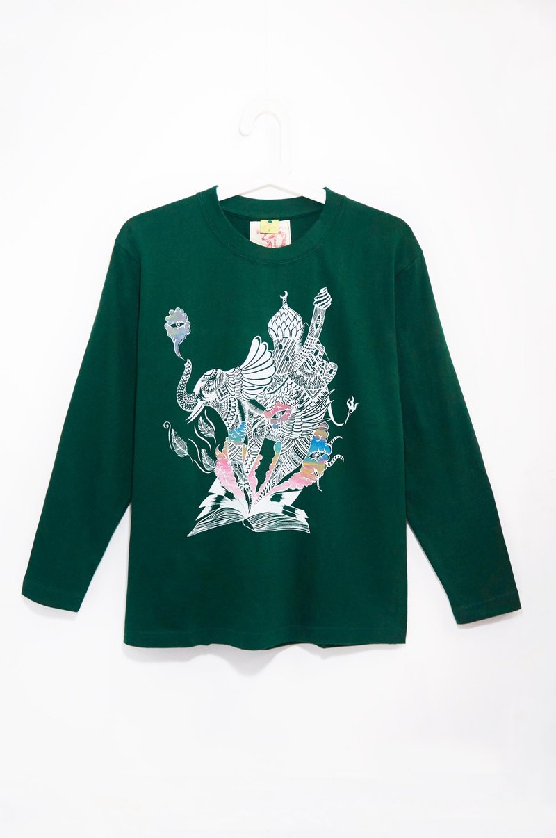 情人节礼物 男版手感长袖上衣 / T-shirt - 印度大象 ( 绿S ) - 男装上衣/T 恤 - 棉．麻 绿色