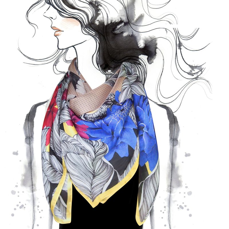 [Me&A Cup of Hot Chocolate]  Botanical Dream-Beige/ 花・果实・盔犀鸟- 米色 - 丝巾 - 丝．绢 多色