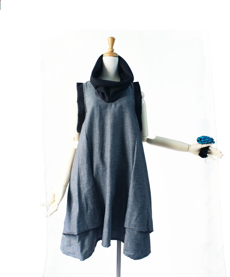 蓝色的毕卡索时代 **高领 大翻领/蓝色 经典格纹X黑棉麻 /小香风/文青/背心裙 背心洋装 小洋装 /有口袋~ - 洋装/连衣裙 - 其他材质 蓝色