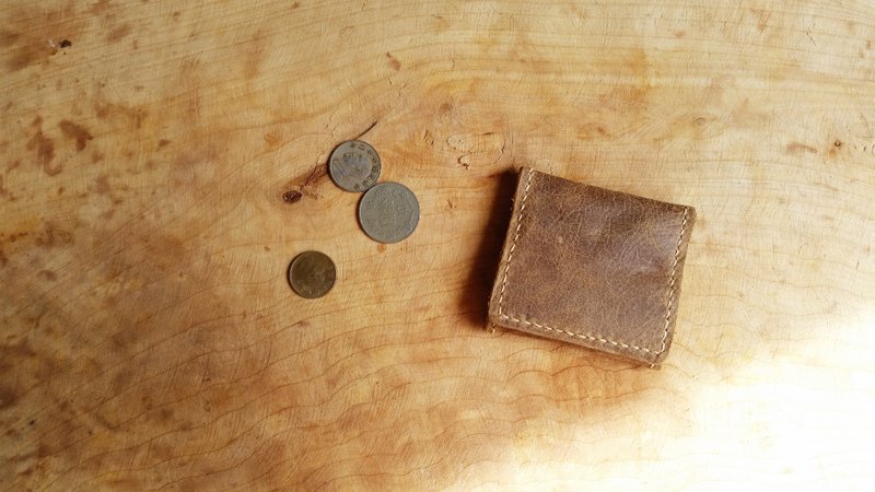 035 手缝真皮牛皮无表情就是表情的方形零钱盒 - 零钱包 - 真皮 咖啡色