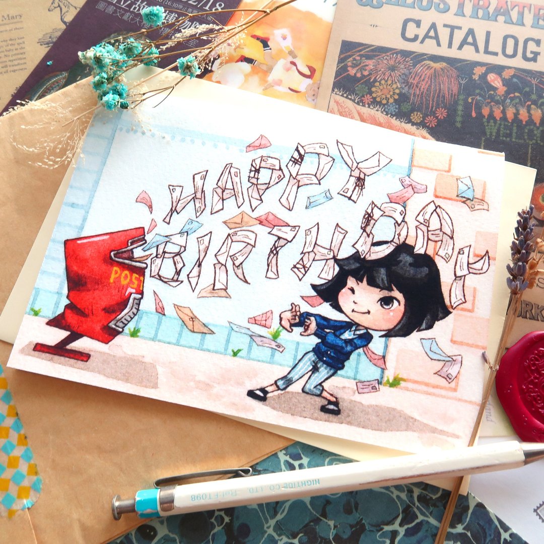 【Pin】邮件轰炸 - 水彩插画生日卡片 - 卡片/明信片 - 纸 蓝色