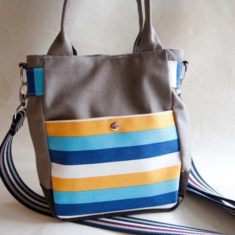 肩背/斜背两用卡其帆布包, 彩色条纹, 卡其帆布 - 侧背包/斜挎包 - 棉．麻 卡其色