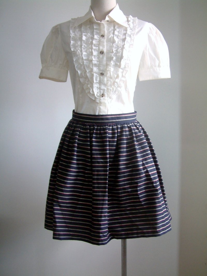 膝上细褶裙-蓝底红黄细条 - 裙子 - 其他材质 蓝色