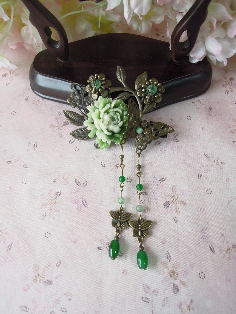 《拢云阁》古典中国风发夹＿倚绿柳 - 发饰 - 其他金属 绿色