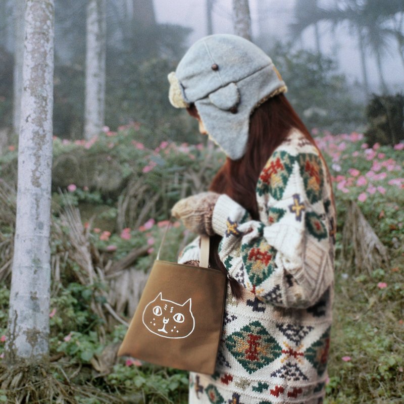 帆布猫手提袋｜呆脸猫｜咖啡．白 - 手提包/手提袋 - 其他材质 咖啡色