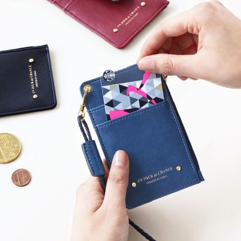 iconic-都市悠游拉链票卡收纳包零钱包(附颈背带)-海军蓝,ICO83221 - 零钱包 - 真皮 蓝色