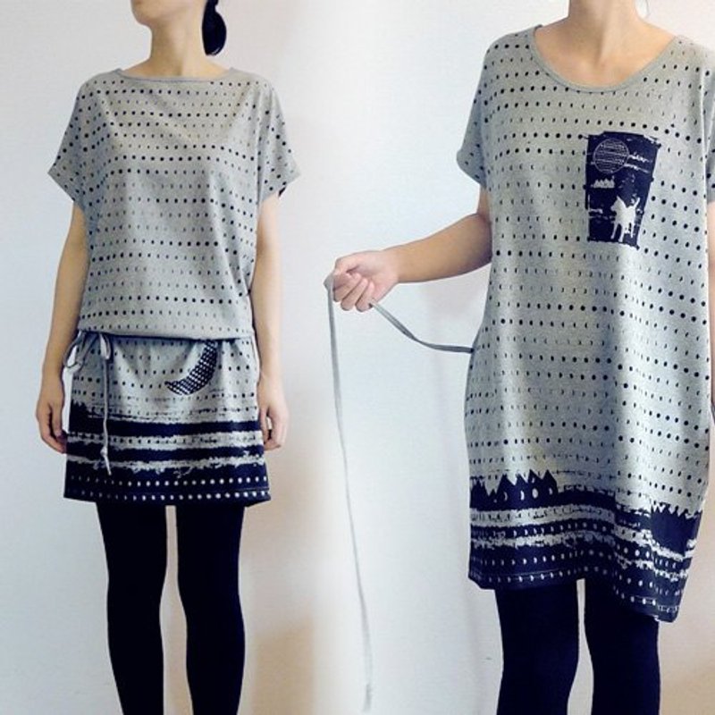 ：Urb.【月亮狗的旅行】女/灰(深蓝月亮)/ 多穿法 x 创意绑绳款/onesize - 女装 T 恤 - 棉．麻 灰色