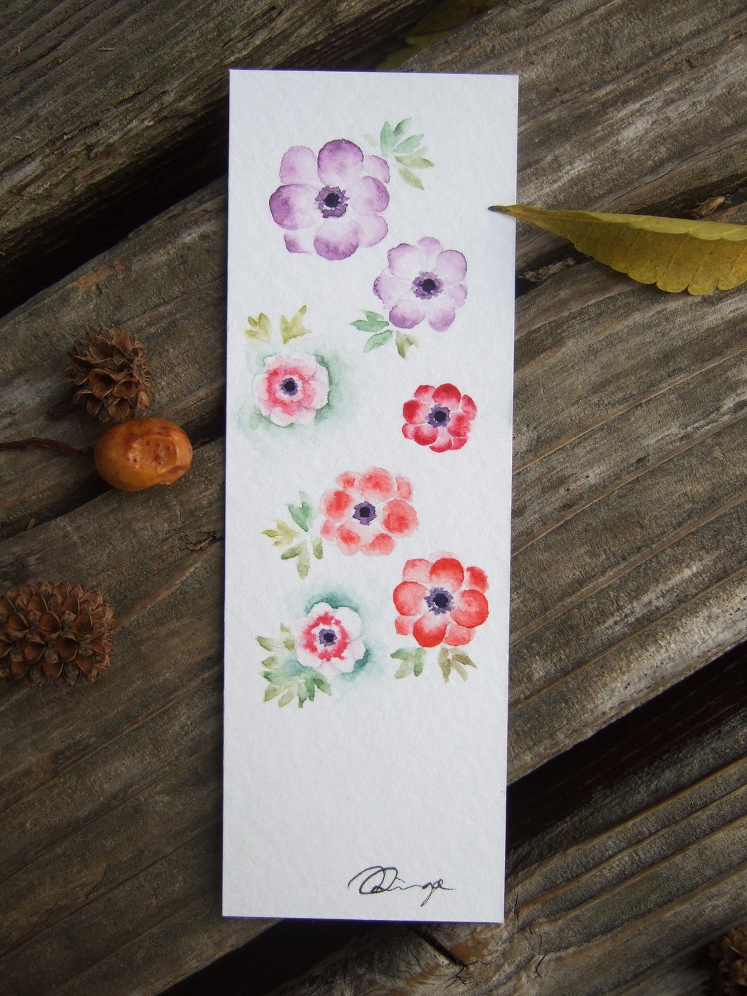 小银莲花 手绘水彩花草书签(原画) - 卡片/明信片 - 纸 白色